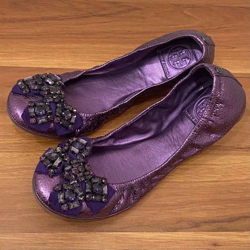 TORY BURCH Azalea Jeweled Bow Metallic Purple Ballerina Ballet Flats Size 8.5M
